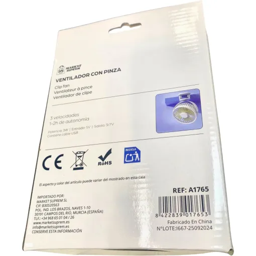 Ventilador mini con pinza 3W, 3 velocidades, 3 colores MS, 1 ud