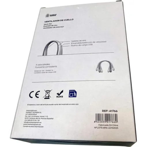 Ventilador de cuello 4W, 3 velocidades, 3 colores MS, 1 ud