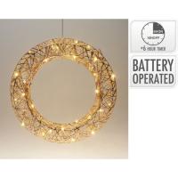 Corona Navideña dorada, 30 led de luz blanca cálida, Ø40x7 cm