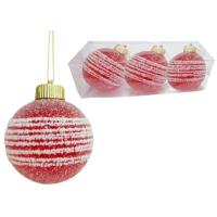 Bola Navideña Helada, roja con lineas blancas, Ø8 cm, set 3 uds