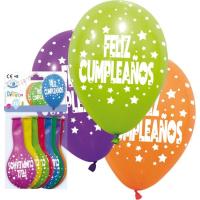 Globos de colores con estrellas Feliz Cumpleaños 29 cm GLOBOLANDIA, bolsa 10 uds