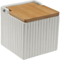 Salero cuadrado blanco rayado con tapa de madera VERSA, 11x11x11cm