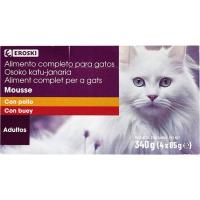 Mousses surtidas con pollo y buey para gato EROSKI, pack 4x85 g