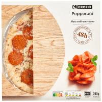 Pizza de pepperoni larga fermentación EROSKI, caja 360 g