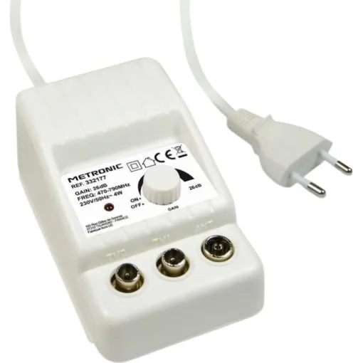 Amplificador de señal TV 1 entrada y 2 salidas 26db 332177 METRONIC