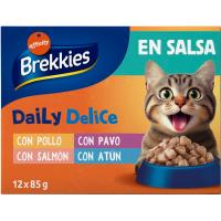 Pollo-pavo-salmón-atún en salsa para gato BREKKIES, pack 12x85 g