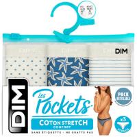 Tanga mujer algodón elástico, celeste/blanco talla P DIM, pack 3 uds