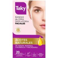 Bandas depilatorias faciales c/ aceites nat. TAKY, caja 20 uds