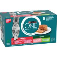 Alimento de salmón para gato esterilizado ONE, pack 4x95 g