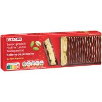 Turrón de chocolate con leche y pistacho EROSKI, tableta 150 g