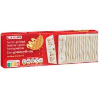 Turrón praliné choco blanco con galleta limón EROSKI, caja 145 g
