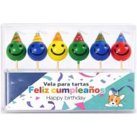 Vela para tarta, cara feliz, multicolor, Feliz Cumpleaños, pack 6 uds Vela para tarta, cara feliz, multicolor, Feliz Cumpleaños, pack 6 uds