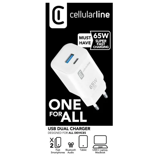 Cargador USB-C dual 65w peq blanco, ACHUSBC2PD65WSMLW CELLULAR LINE