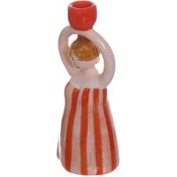 Soporte de vela, cerámica, forma de mujer rayas blancas y naranjas KASA, 7x8x21 cm
