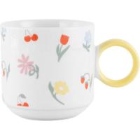 Taza de desayuno blanca con flores, asa amarilla, Ø8,5x8,5 cm KASA, 320 ml Taza de desayuno blanca con flores, asa amarilla, Ø8,5x8,5 cm KASA, 320 ml