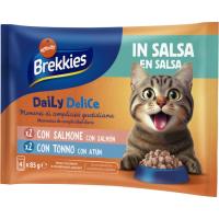 Alimento c/ salmón-atún en salsa para gato BREKKIES, pack 4x85 g