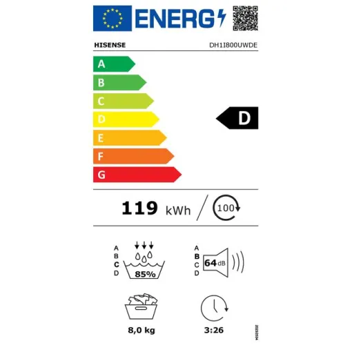 Secadora, bomba de calor, 8kg, D, DH1I800UWDE HISENSE