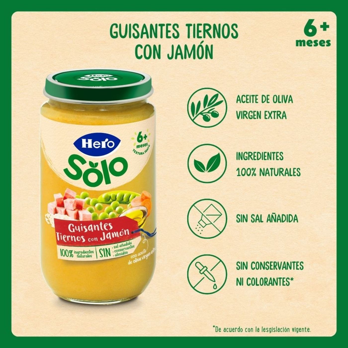 Tarrito de jamón con guisantes desde 6º mes HERO, tarro 235 g