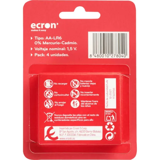 Pila alcalina LR06 (AA) ECRON, pack 4 uds