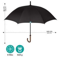 Paraguas largo negro 69/8 automático, mango madera, varillas fibra de vidrio.