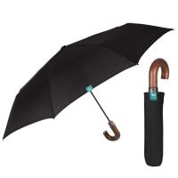 Paraguas plegable negro 58/8 automático, mango madera, varillas fibra de vídrio.