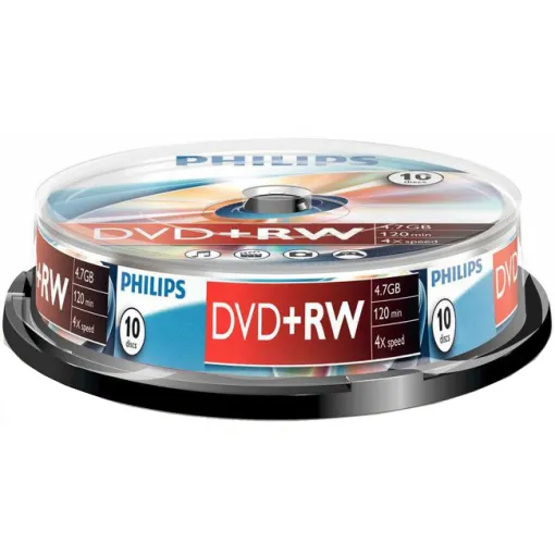 DVD+RW grabable, 4,7 GB, 120 minutos, 4x PHILIPS, Pack 10 uds