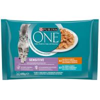 Alimento de pollo-atún gato sensitive PURINA One, pack 4x85 g