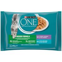 Alimento de ternera-atún gato indoor PURINA One, pack 4x85 g