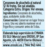 Corazones de alcachofa sin sal EROSKI, frasco 175 g
