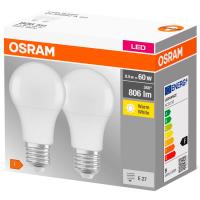 OSRAM E27 led bonbilla estandarra, 8,5W, argi beroa (2700k), 2 ale