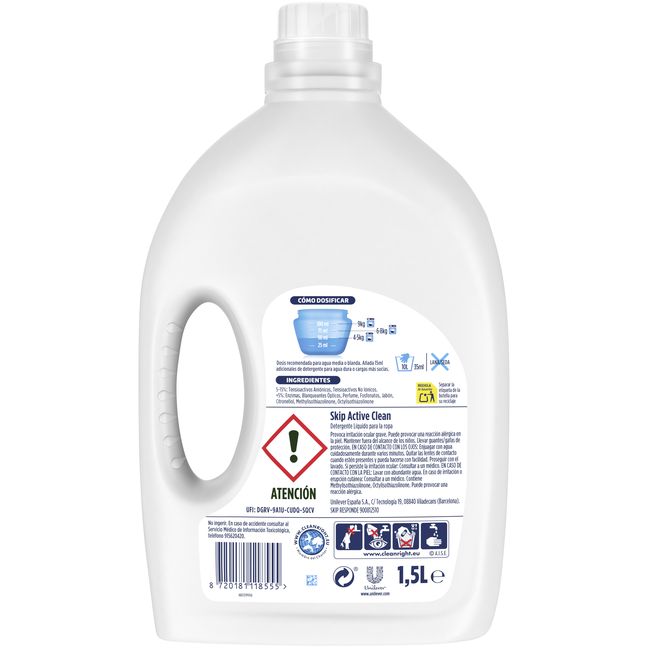 SKIP ACTIVE CLEAN detergente likidoa, 30 dosi