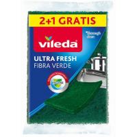 Estropajo fibra verde VILEDA Ultrafresh, pack 2+1 ud