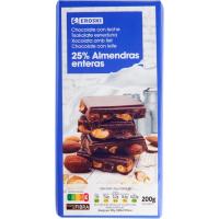 Chocolate con leche con almendras enteras EROSKI, tableta 200 g