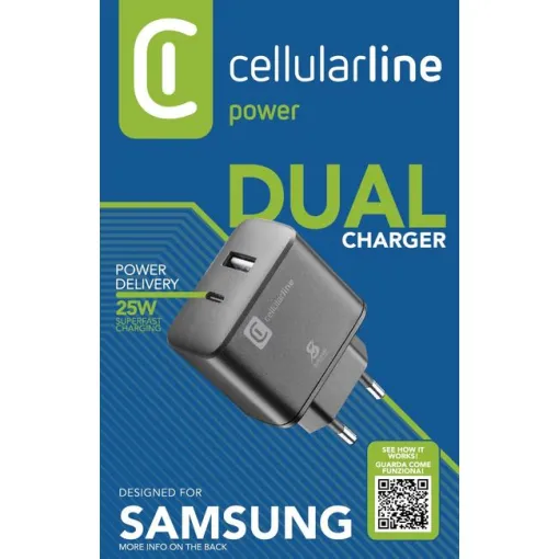 Cargador de red negro 25 W puerto USB-C y USB-A, ACHSMUSB2PD25WK CELLULAR LINE