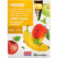EROSKI % 100 fruta-poltsatxoak, sagarra eta mangoa, azukrerik gabe, 4x100 g-ko sorta