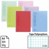 Cuaderno espiral A4, cuadrícula 4 mm, tapa de plástico color Pastel ¿Cuál te llegará? 3221 CAMPUS, 80 hojas