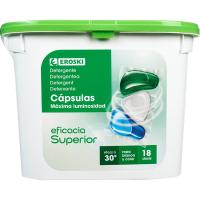 Detergente en cápsulas tricamara EROSKI, caja 18 dosis