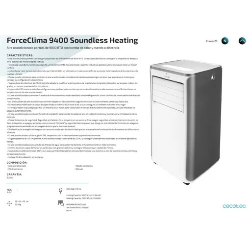 Aire acondicionado portátil, ForceClima 9400 Soundless CECOTEC