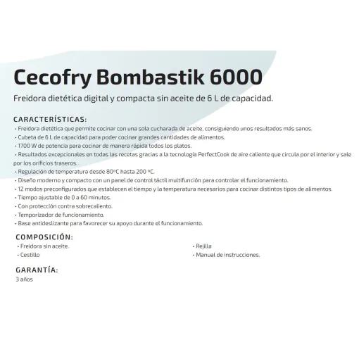 Freidora de aire sin aceite, dígital, 1700W, 6 litros, Bombastik 6000 CECOTEC