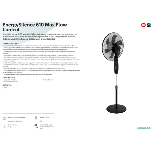 Ventilador de pie EnergySilence 610 MaxFlow Control, 70W CECOTEC