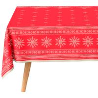 Mantel desechable rojo con copos Navideños, rollo 120x250 cm