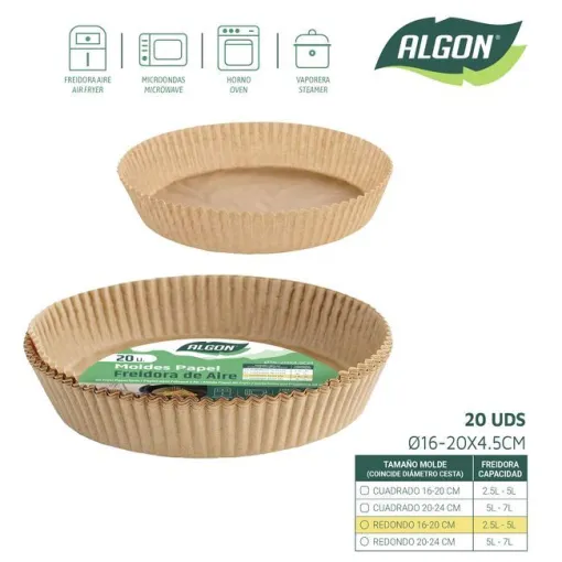 Molde de papel para freidora de aire redondo, Ø20-24x 4.5 cm ALGON, pack 20 uds