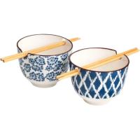 Bol con palillos, porcelana blanca y azul, Ø13x10 cm, pack 2 uds