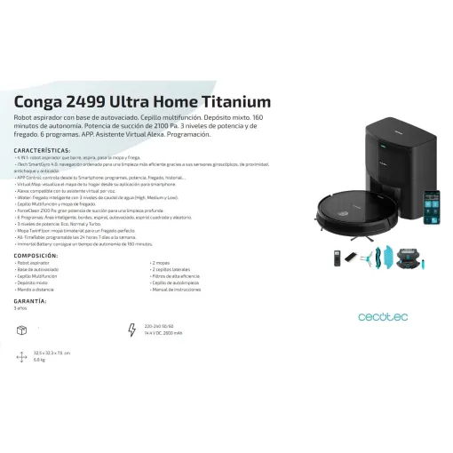 Robot aspirador 2100 Pa, Conga 2499 Ultra Home Titanium CECOTEC