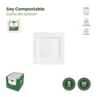 Plato cuadrado blanco de caña de azúcar biodegradable, 20x20cm HONEST GREEN, 5 uds