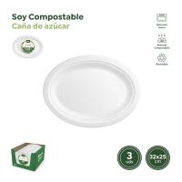 Bandeja oval blanca de caña de azúcar biodegradable, 32x25 cm HONEST GREEN, 3 uds