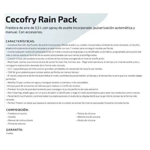 Freidora de aire con dispensador de aceite, 1550W 5,5 litros, Cecofry Rain CECOTEC