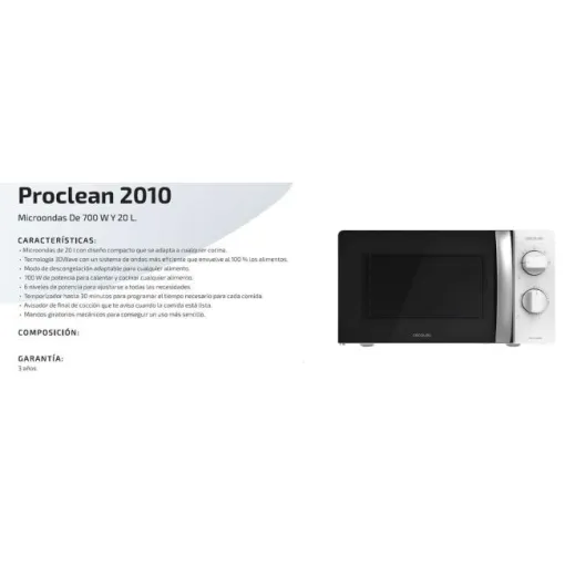 Microondas sin grill blanco, 20 litros, 700 W, Proclean 2010 CECOTEC