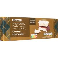 Turrón praliné de coco y chocolate con leche EROSKI, caja 150 g