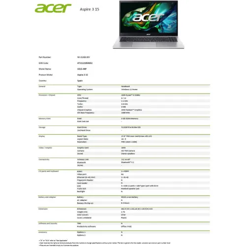 Portátil de 15,6", AMD Rizen 5, 8GB RAM, 512GB SSD, FHD, Aspire 3 A315-44P ACER